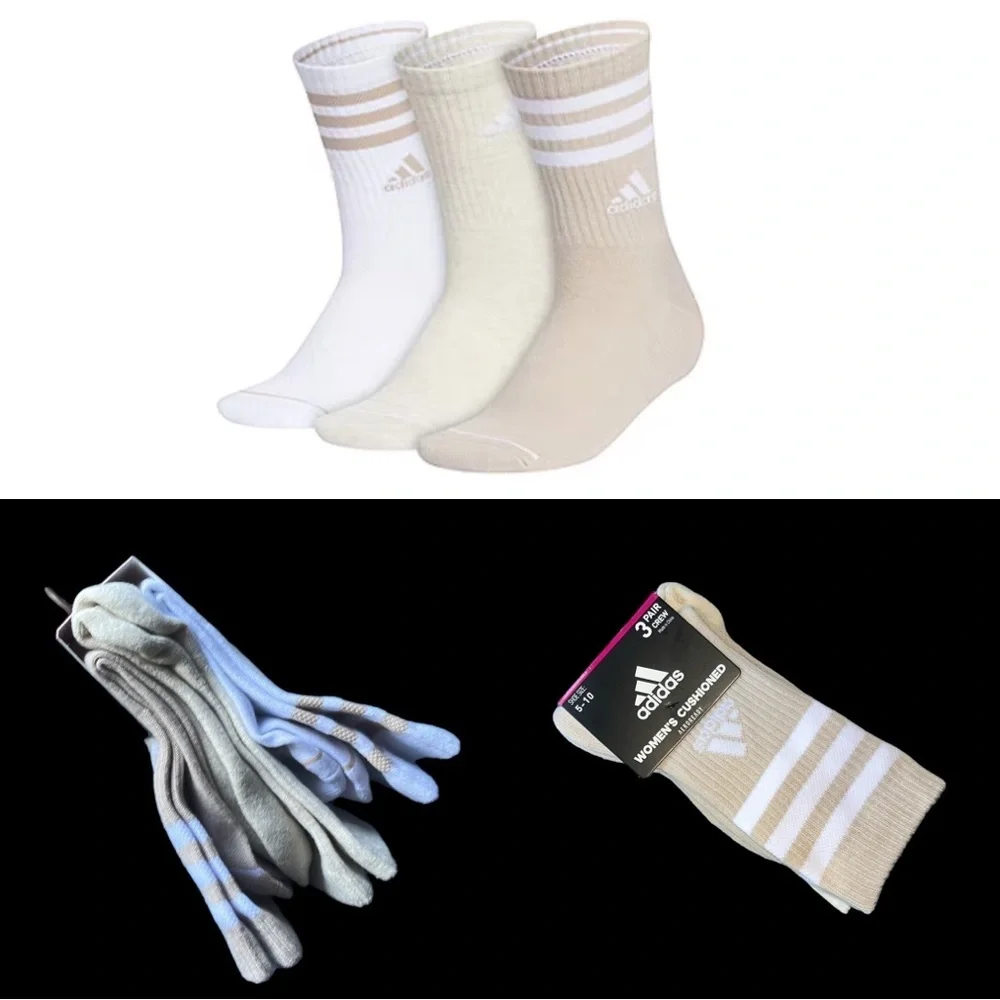 Adidas Crew Socks Cushioned 3 Pair Womens Beige Stripe‎ Size 5-10 Aeroready
